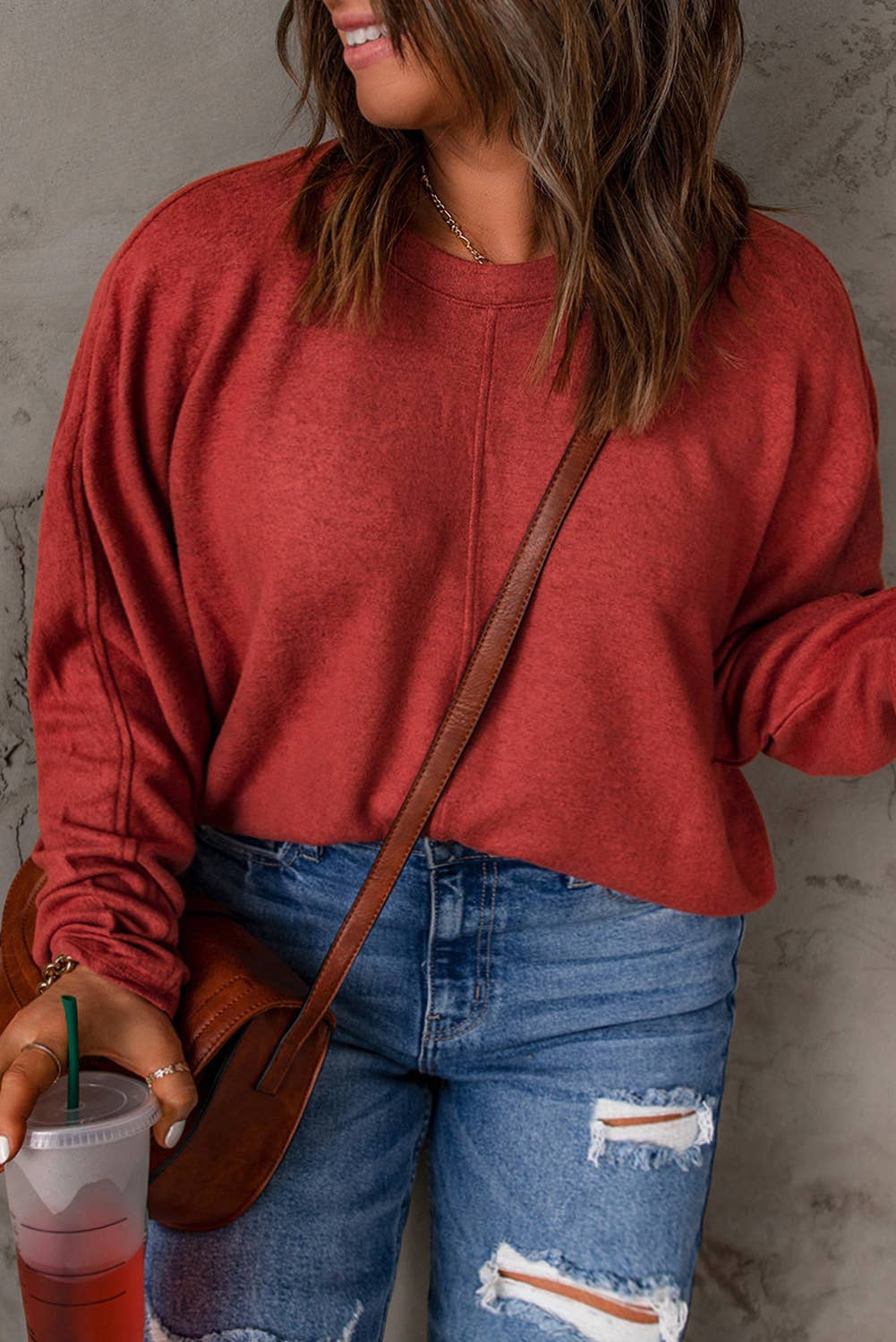 Plus Size Casual Red Solid Long Sleeve Tops (S-3X)