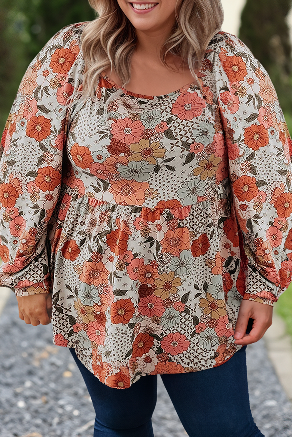 Plus Size Fall Flower Print Square Neck Peplum Blouse