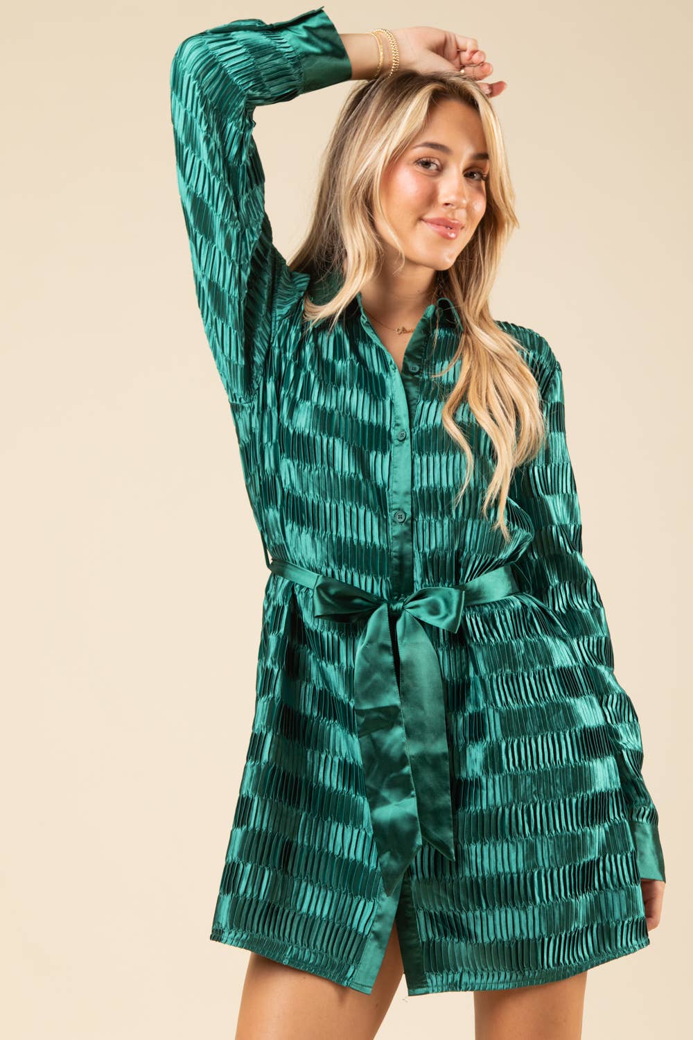 Green Shiny Satin Pleated Holiday Party Shirt Mini Dress