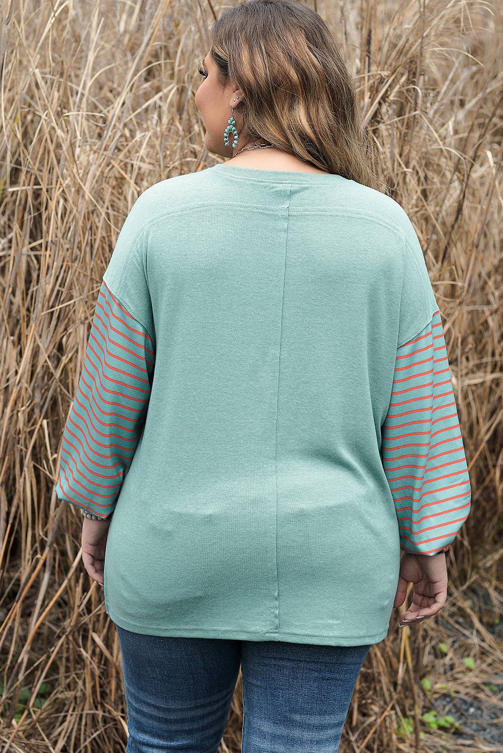 Mint and Rust Color block Striped Bishop Sleeve Top (S-2XL)