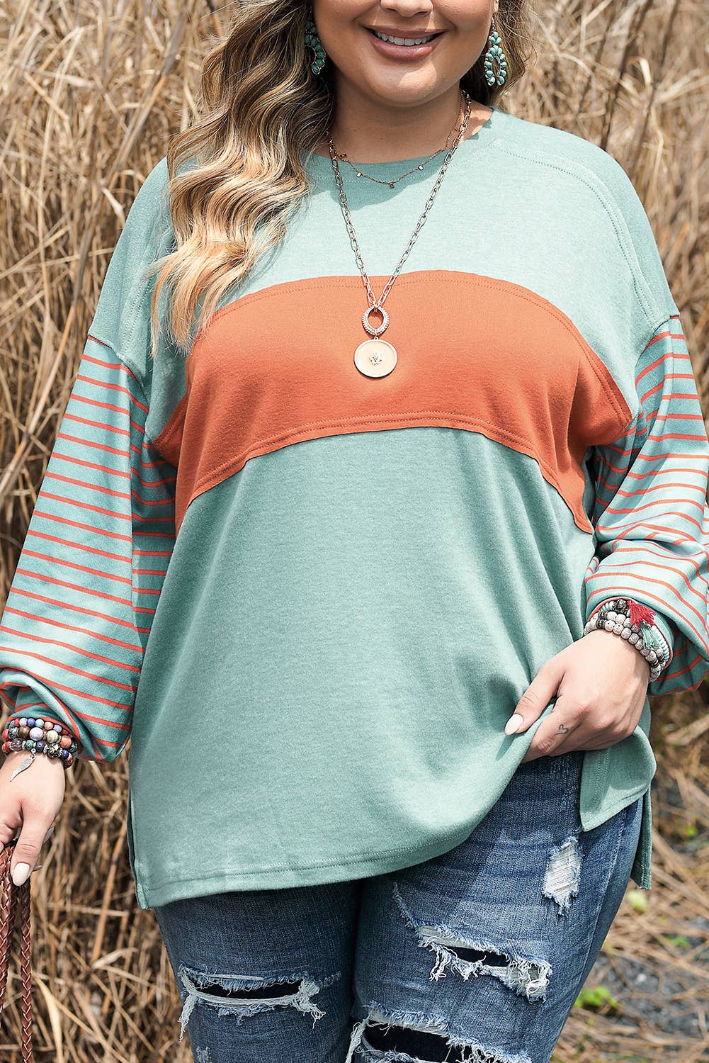 Mint and Rust Color block Striped Bishop Sleeve Top (S-2XL)