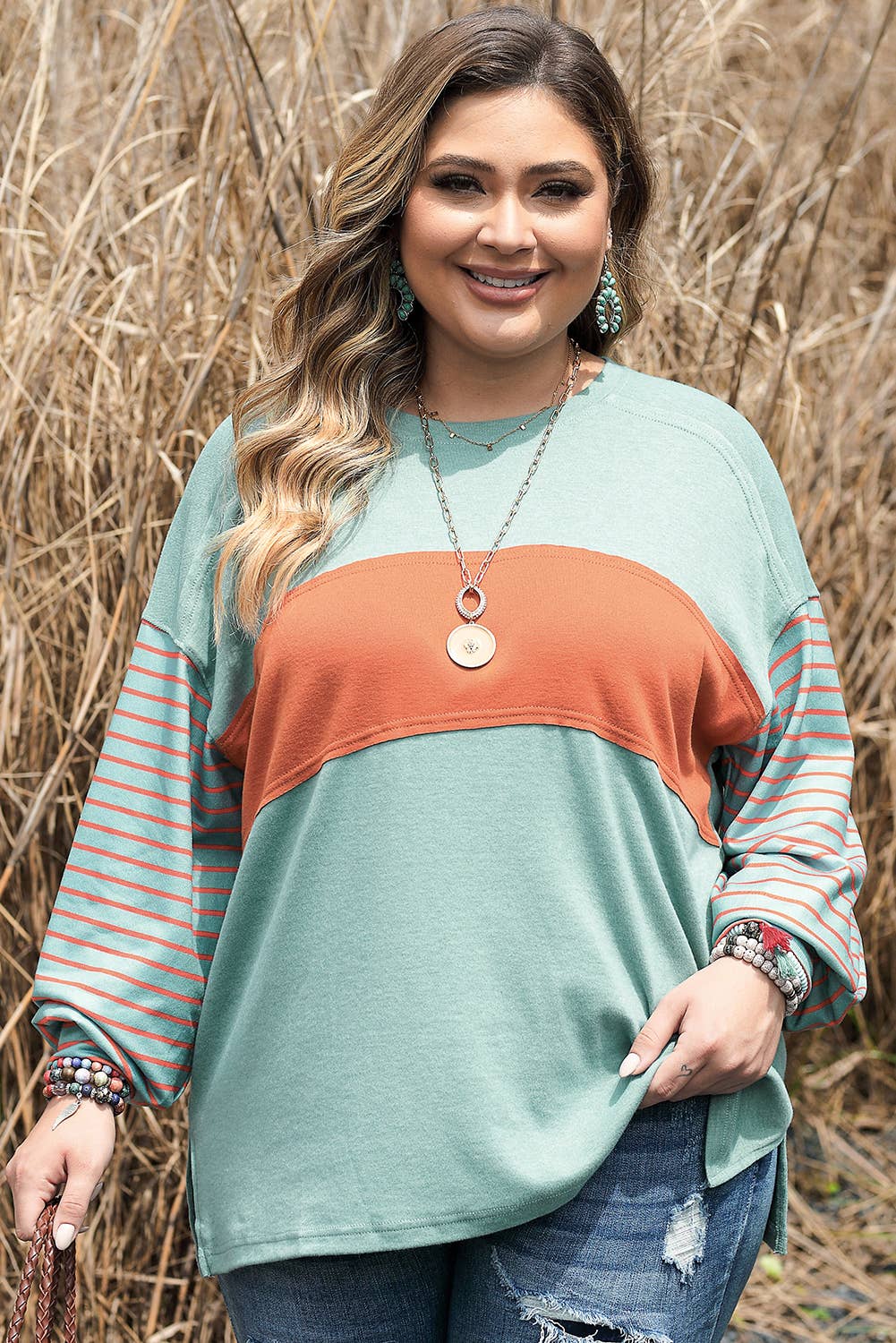 Mint and Rust Color block Striped Bishop Sleeve Top (S-2XL)