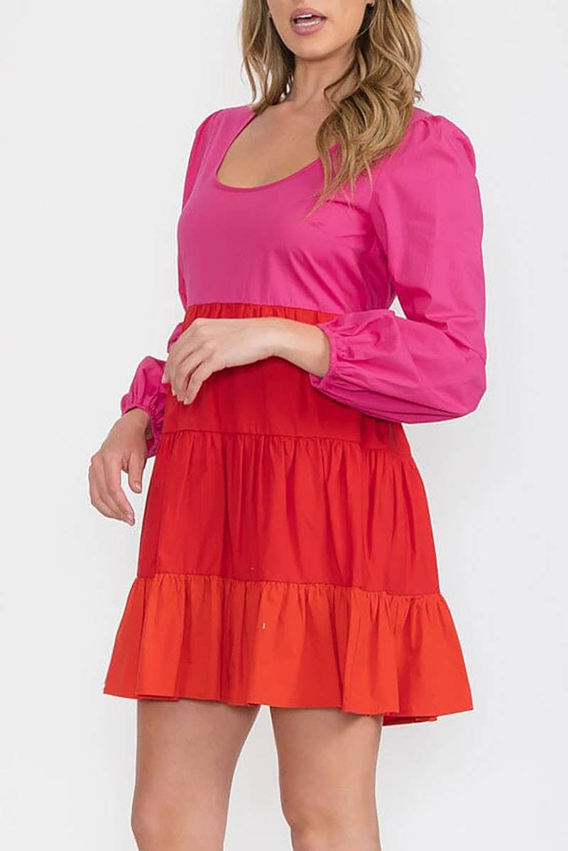 Color Block bubble Sleeve Tiered Layered Dress