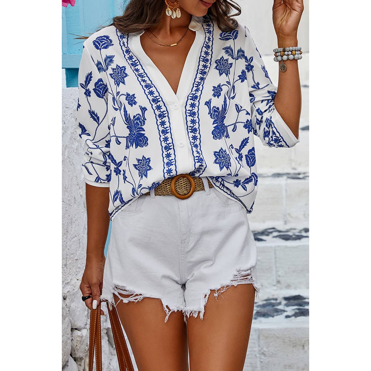 Floral Print Deep V Button Up Long Sleeve Blouse