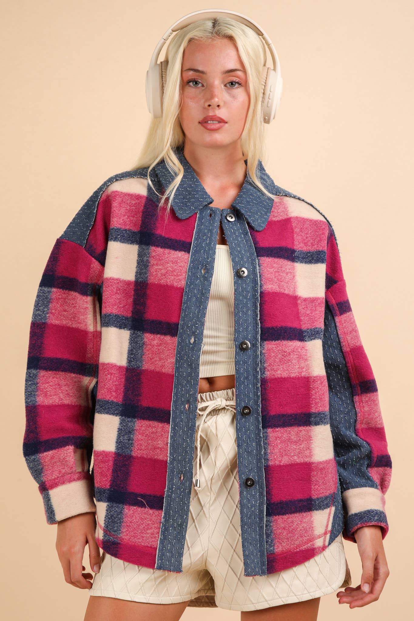 PLUS Denim Contrast Plaid Shacket Jacket