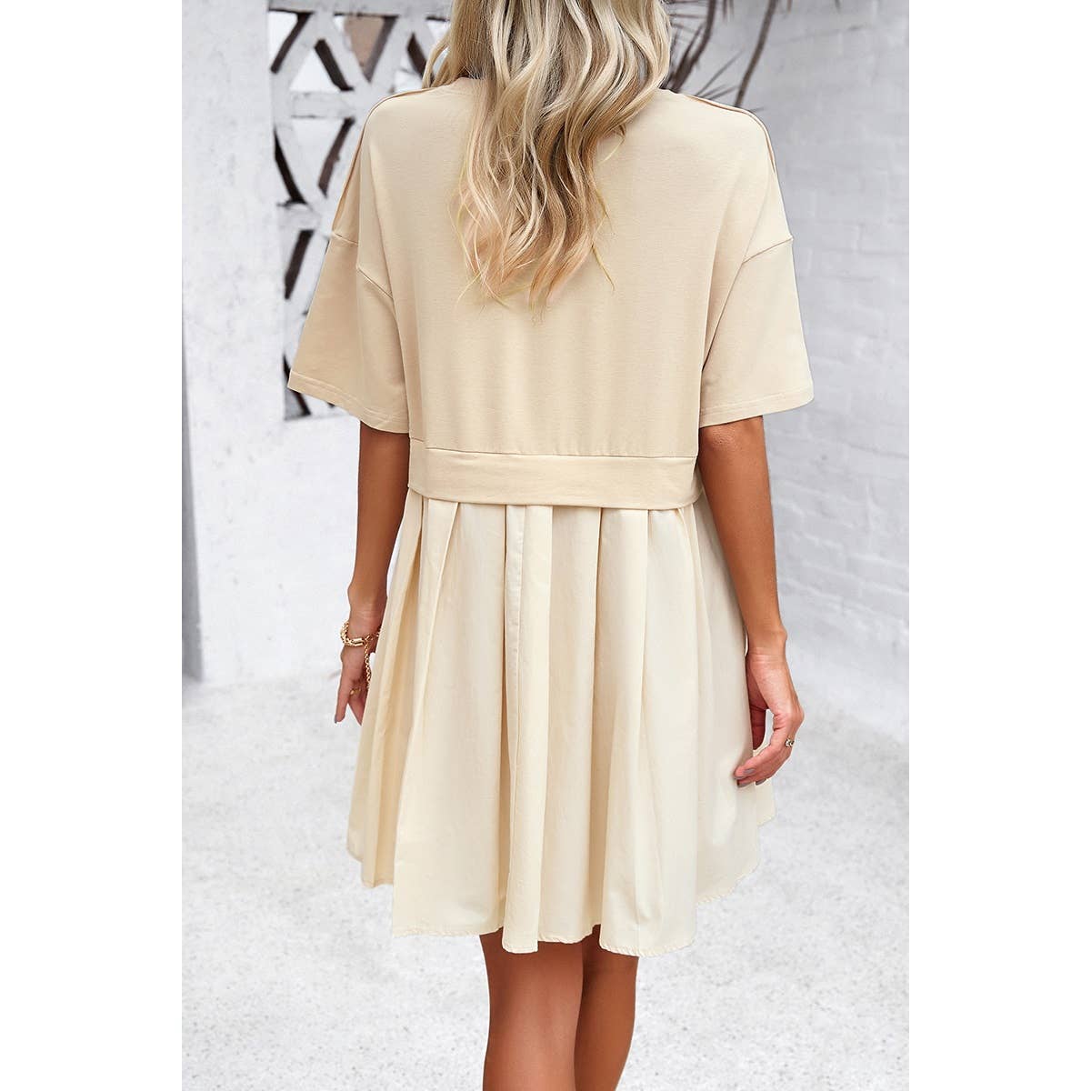 Cream Drop Shoulder Solid Ruched Dress