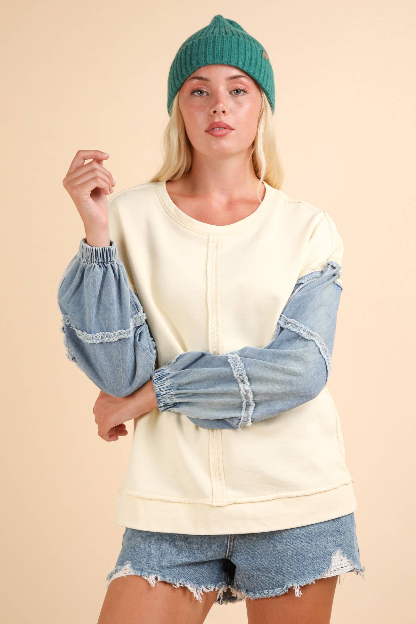 Acid Washed Oversized Denim Sleeve Casual Top