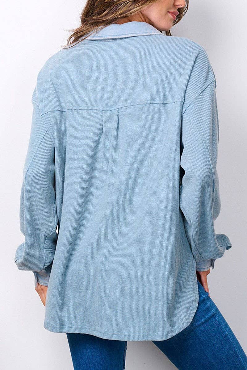 Oversized Long Sleeve Blue Ribbed Button Up Top