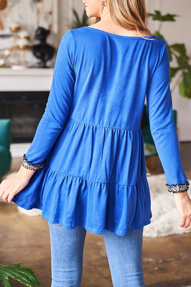 Royal Blue Trimmed Detail Tiered Layered Top