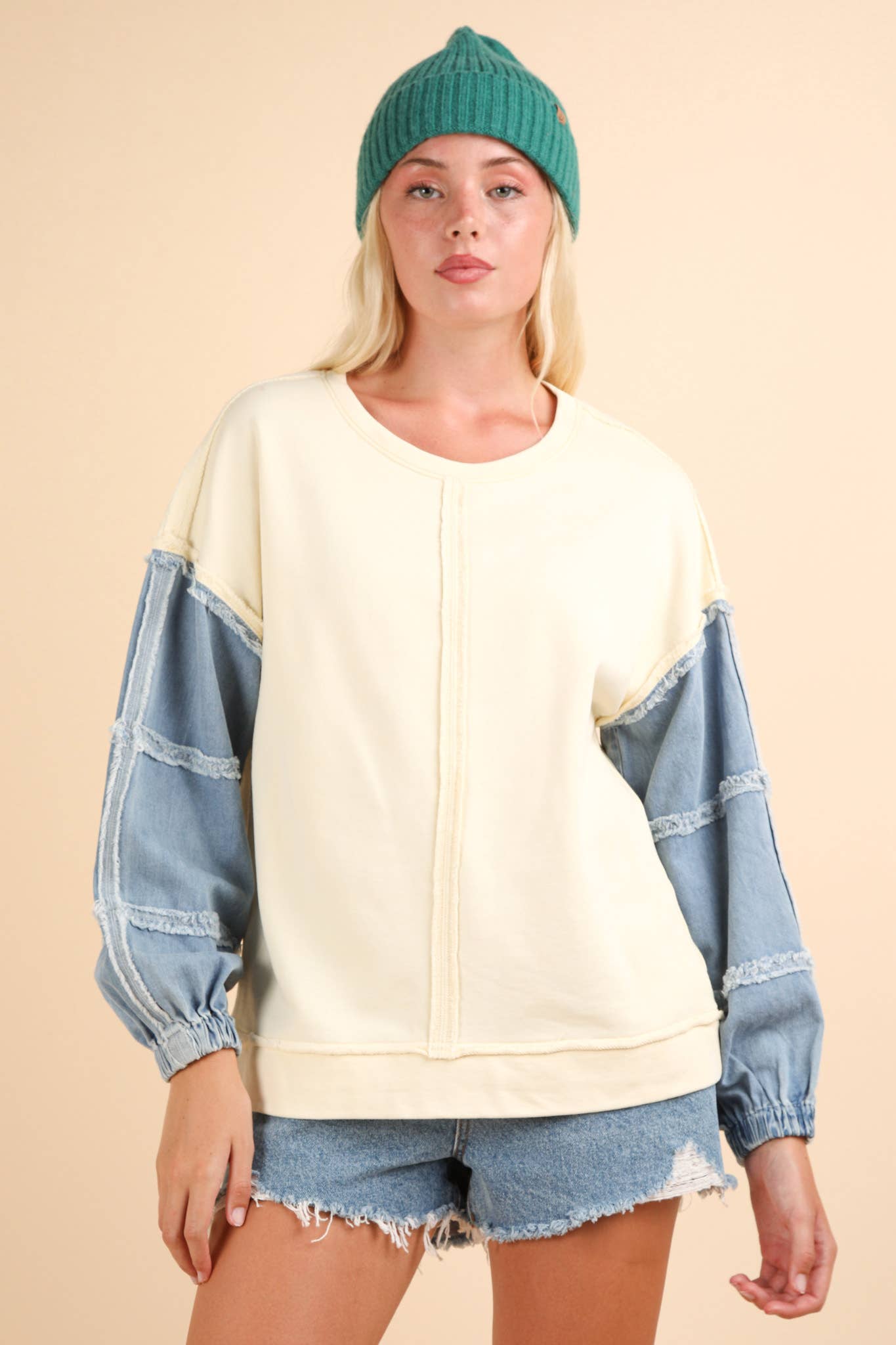 Acid Washed Oversized Denim Sleeve Casual Top