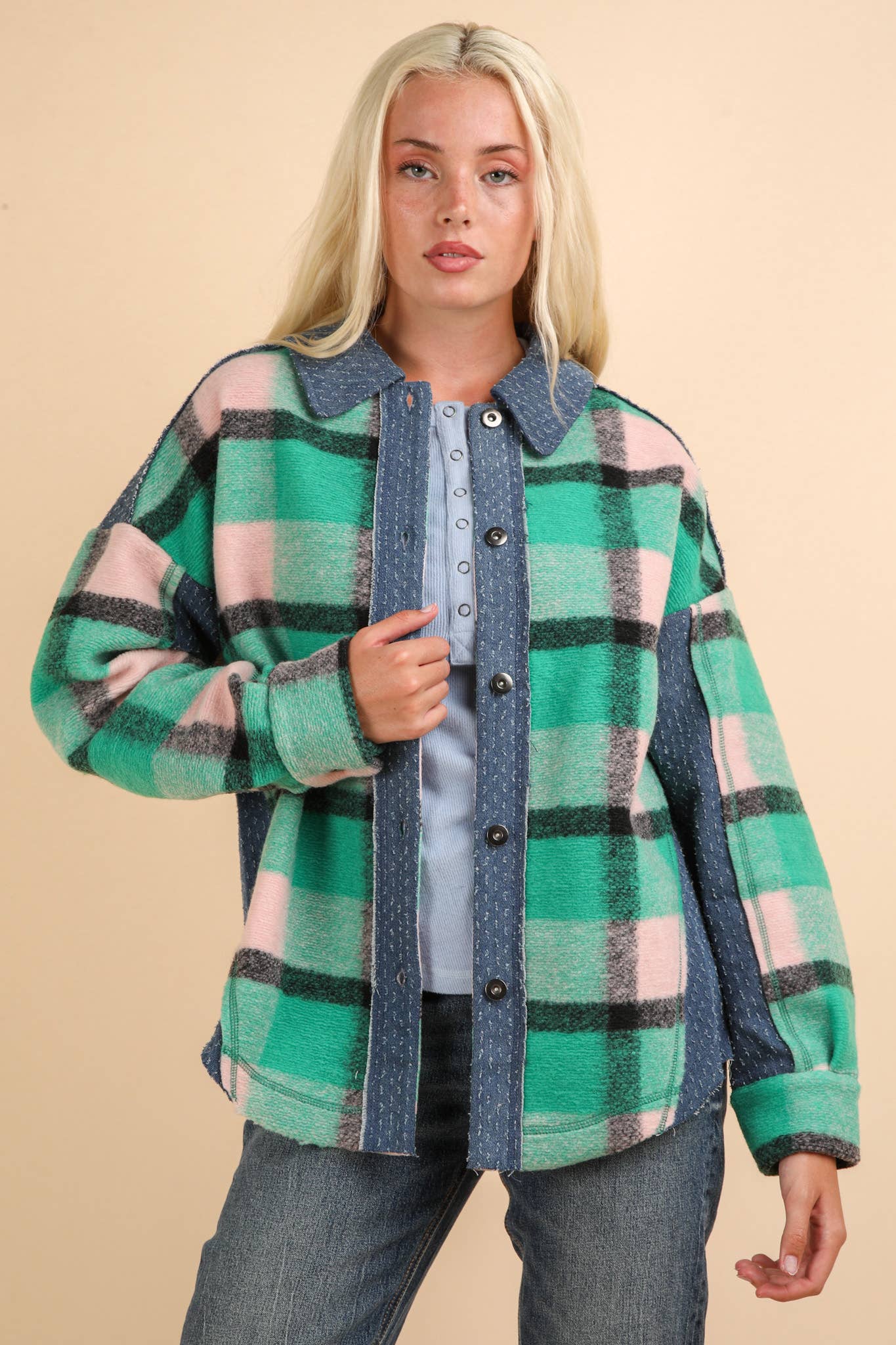 Textured Denim Contrast Plaid Shacket Jacket