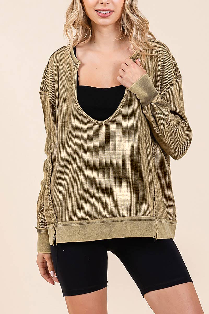 Olive Oversized V Neck Boxy Waffle Knit Top