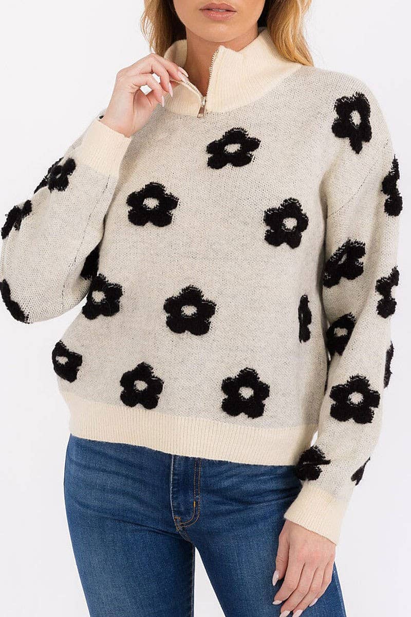 Turtleneck Pullover Floral Print Sweater