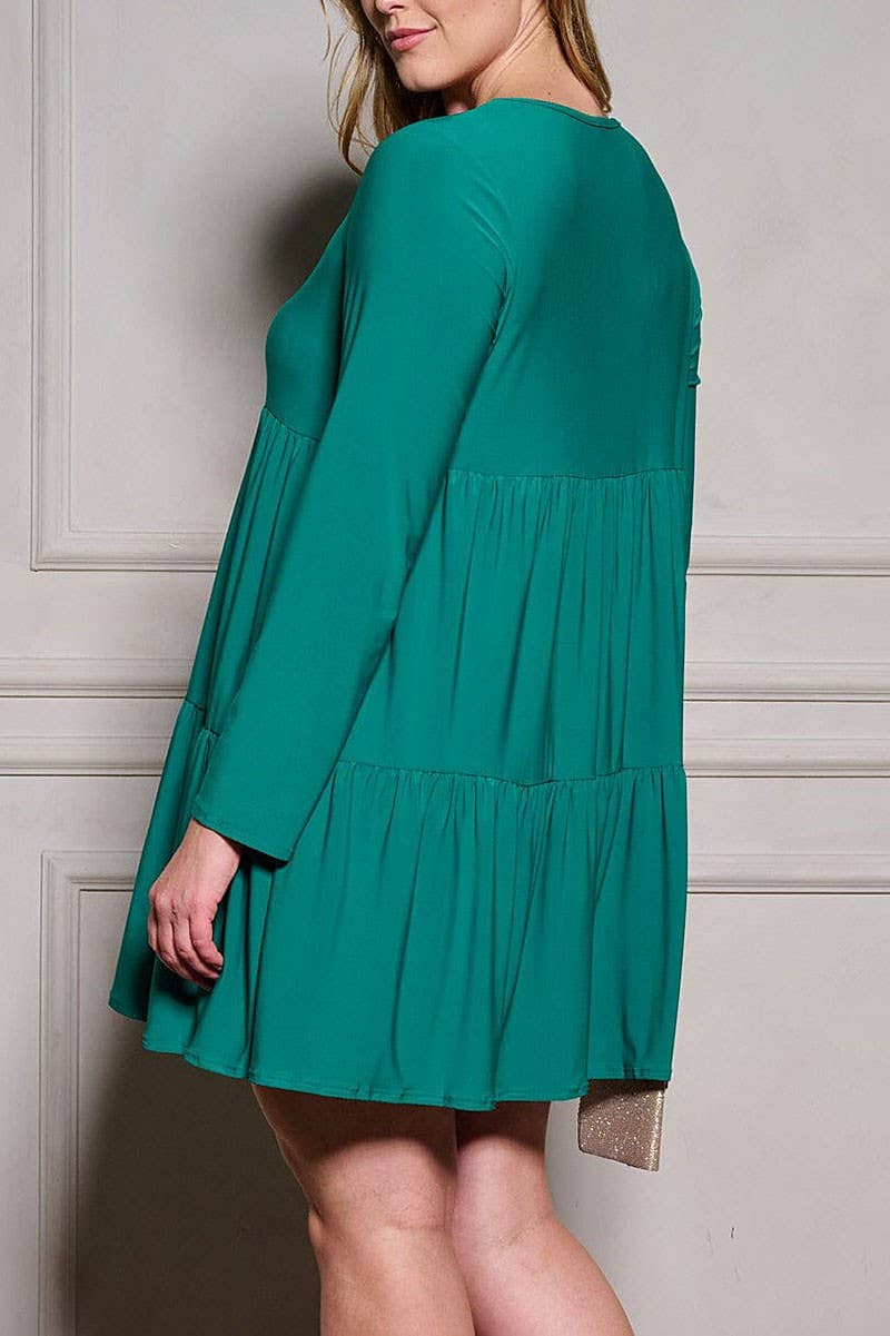 PLUS Emerald Green Long Sleeve Square Neck Tiered Mini Dress