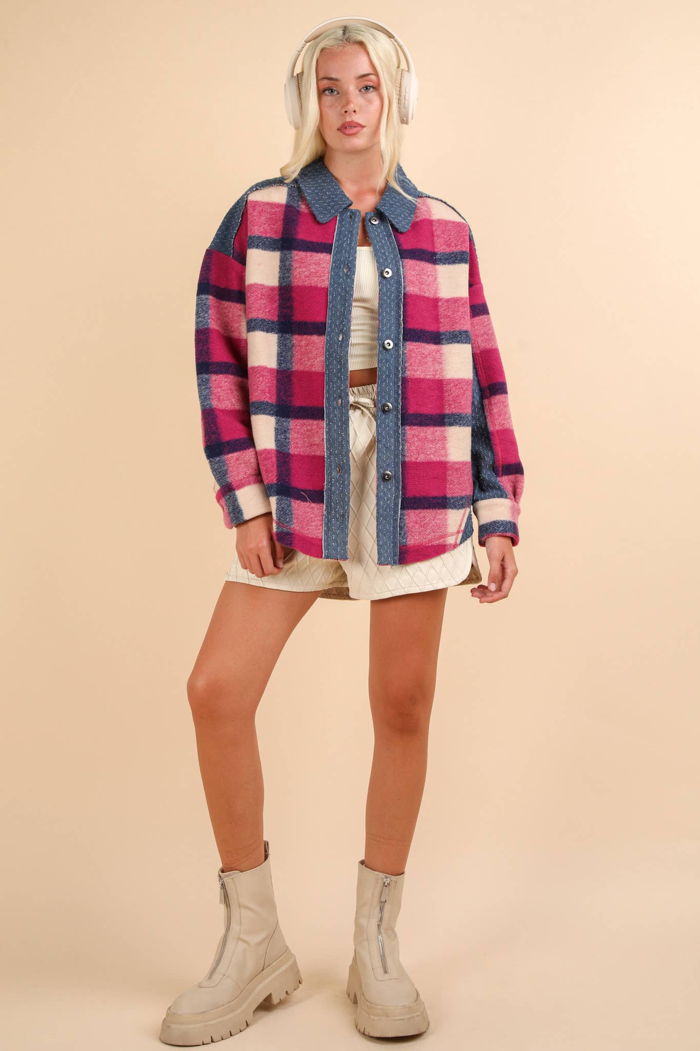 PLUS Denim Contrast Plaid Shacket Jacket