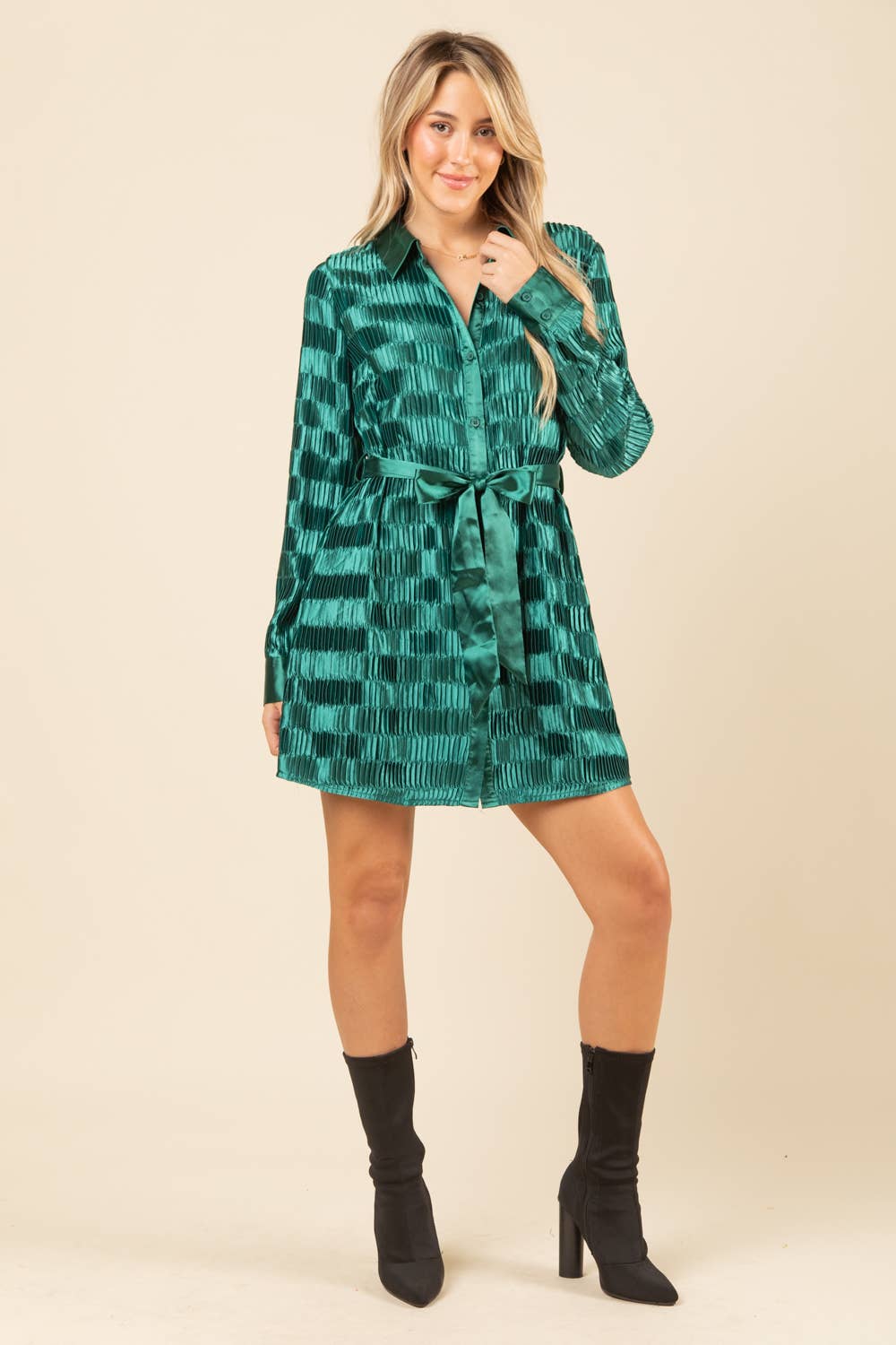 Green Shiny Satin Pleated Holiday Party Shirt Mini Dress