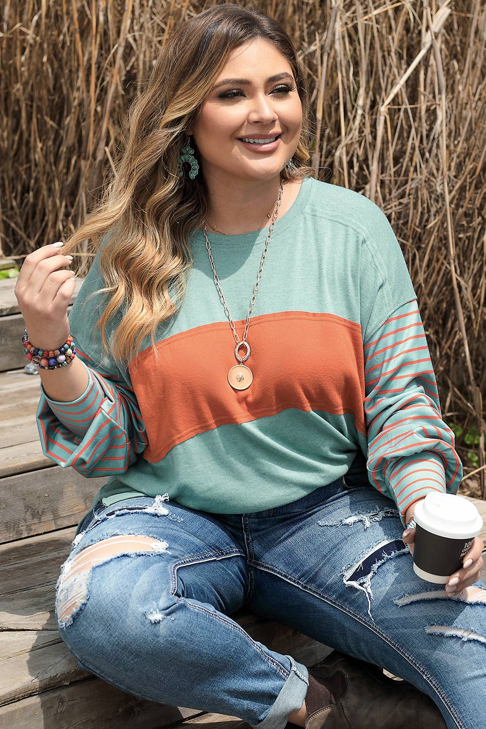 Mint and Rust Color block Striped Bishop Sleeve Top (S-2XL)