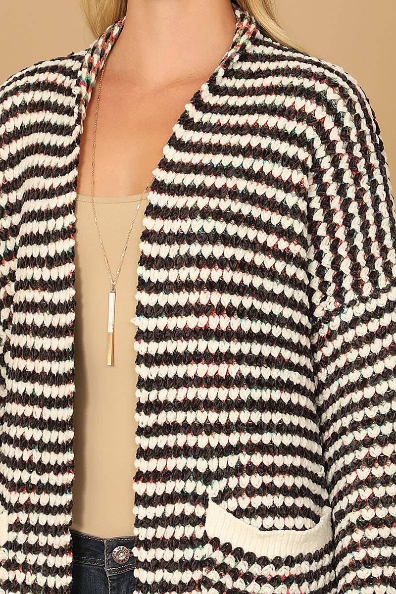 PLUS Chenille Black and White Striped Cardigan with Multi Color Detail