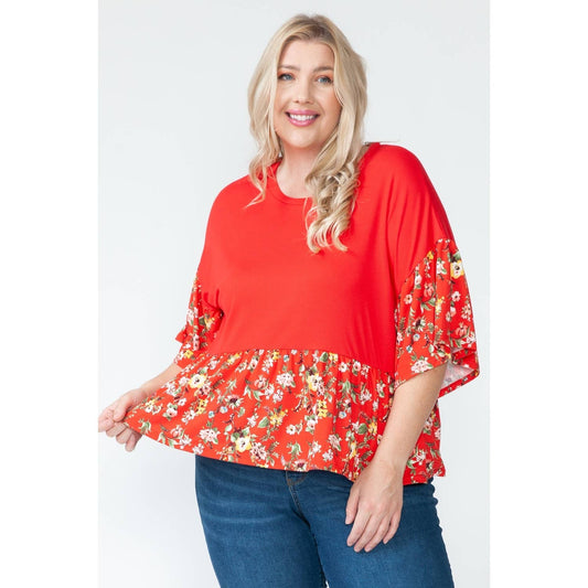 Plus Size Red Floral Baby Doll Top