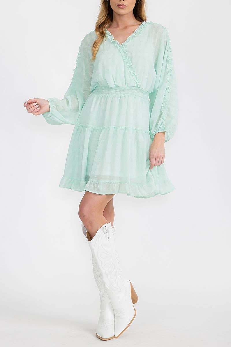 Mint Long Sleeve Swiss Dot Ruffle Frill Detail Smocked Waist Mini Dress