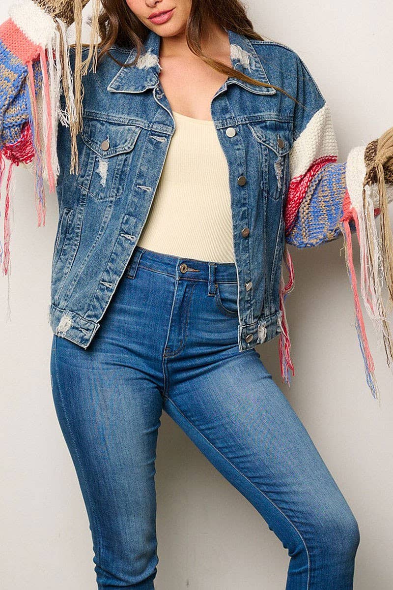 Denim Jacket with Multi Color Sweater Sleeves