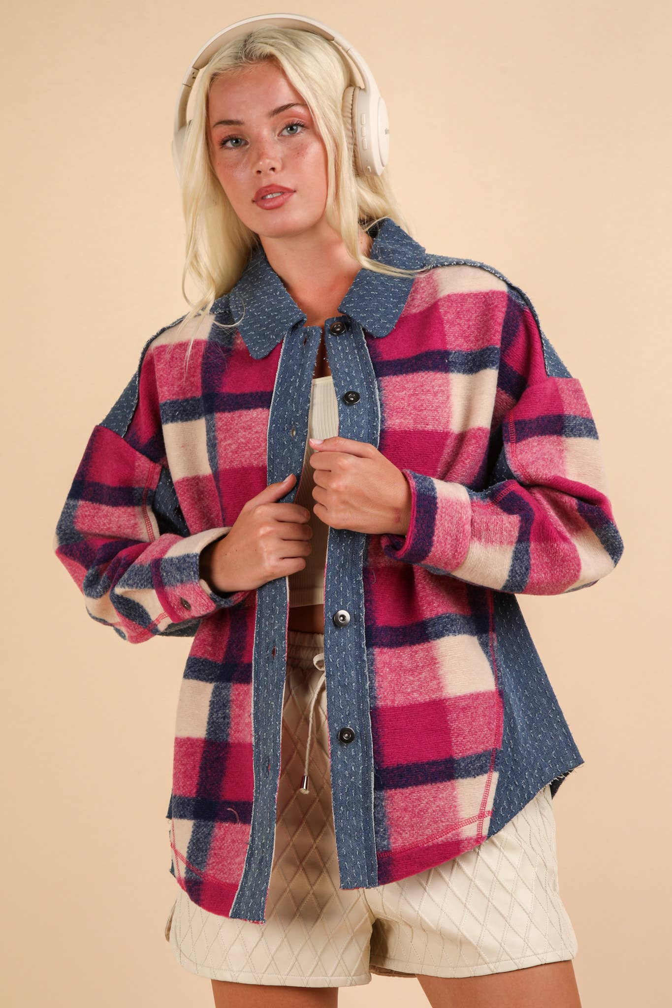 PLUS Denim Contrast Plaid Shacket Jacket