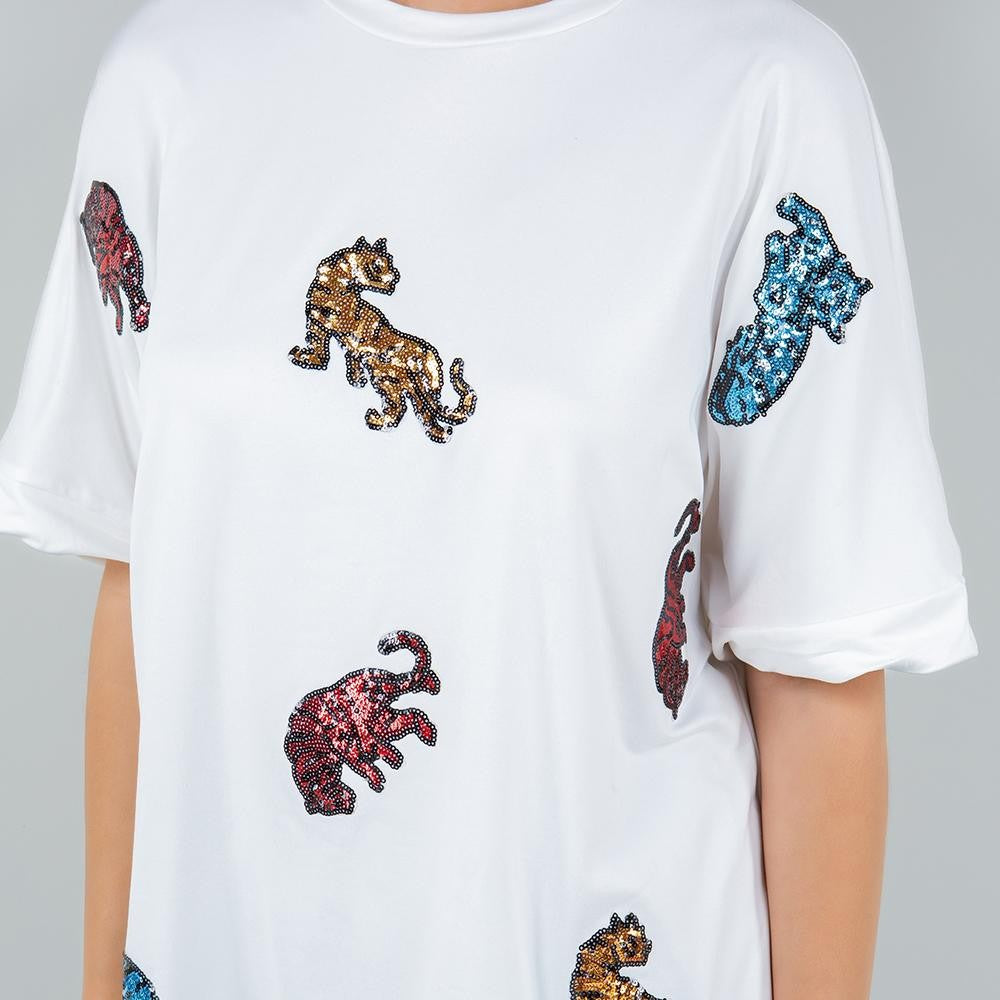 Oversized Cropped Boxy Tee With Sequin Tigers