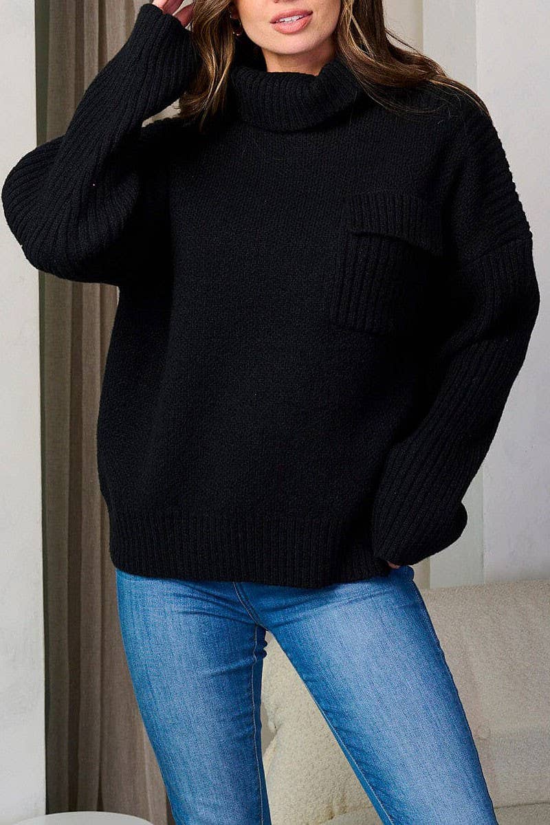 Long Sleeve Front Pocket Turtleneck Pullover Sweater