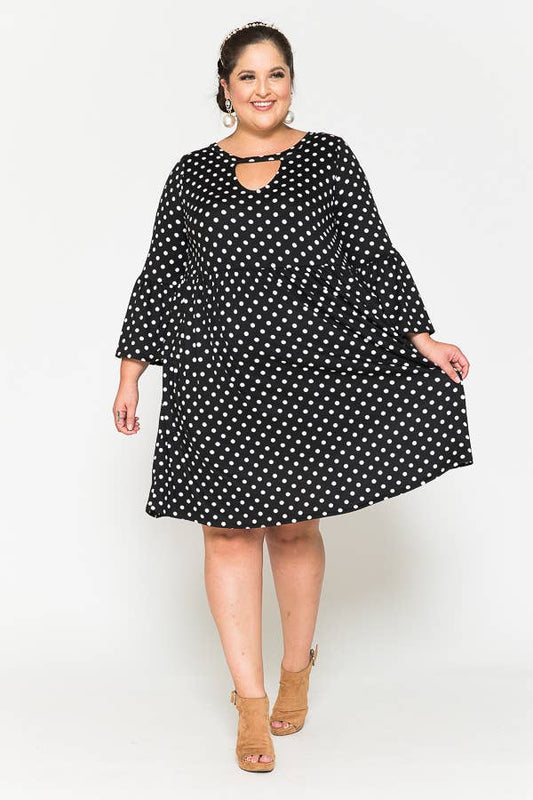 Plus Size Black Polka Dot Ruffle Sleeve Babydoll Dress