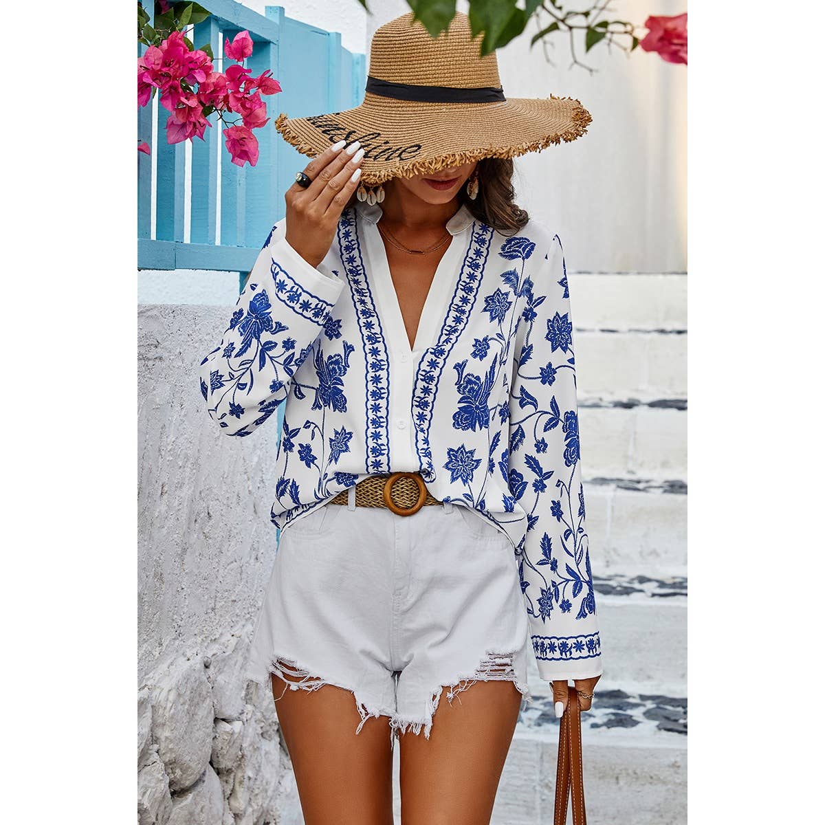 Floral Print Deep V Button Up Long Sleeve Blouse