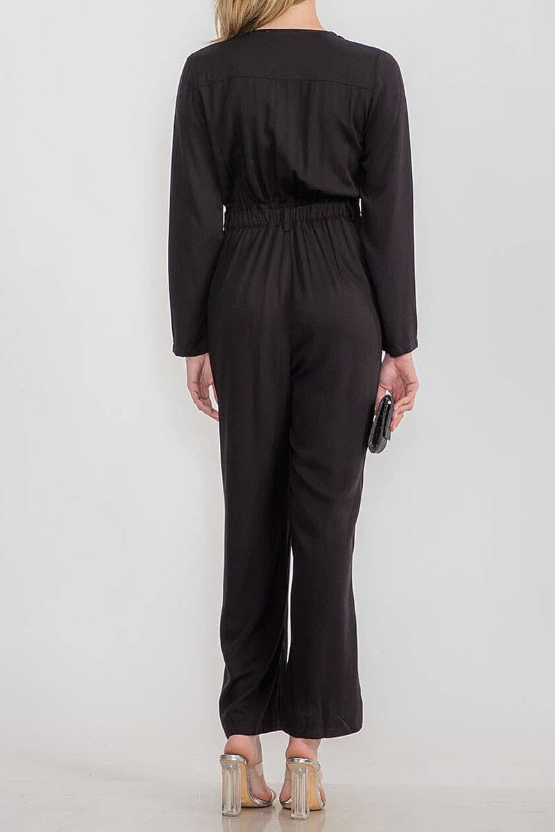 Long Sleeve Black Pocket Detail Wide Leg Jumpsuit