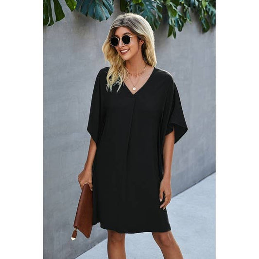 Black V Neck Solid Short Sleeve Dress with Ruffle Sides