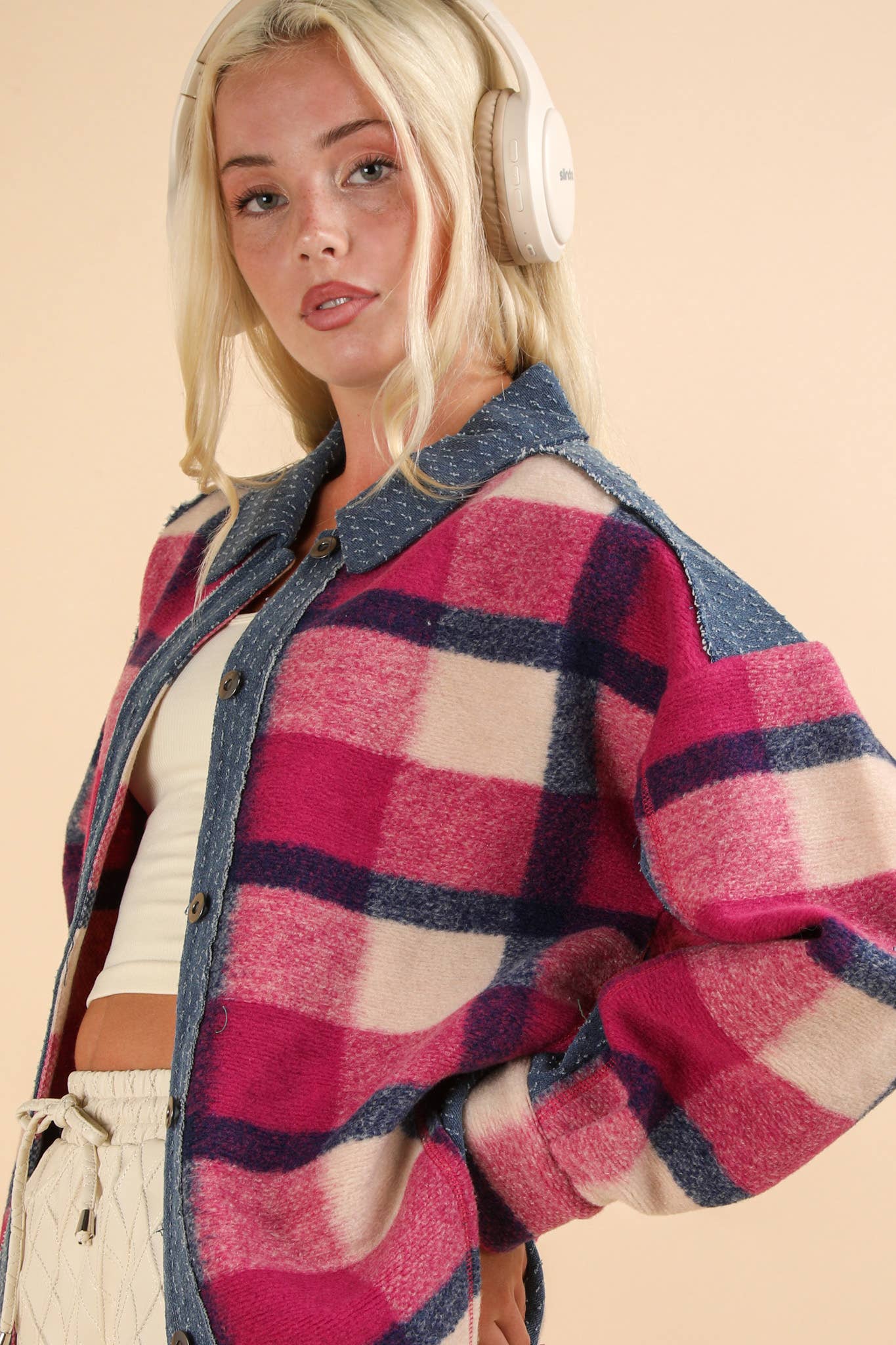 PLUS Denim Contrast Plaid Shacket Jacket