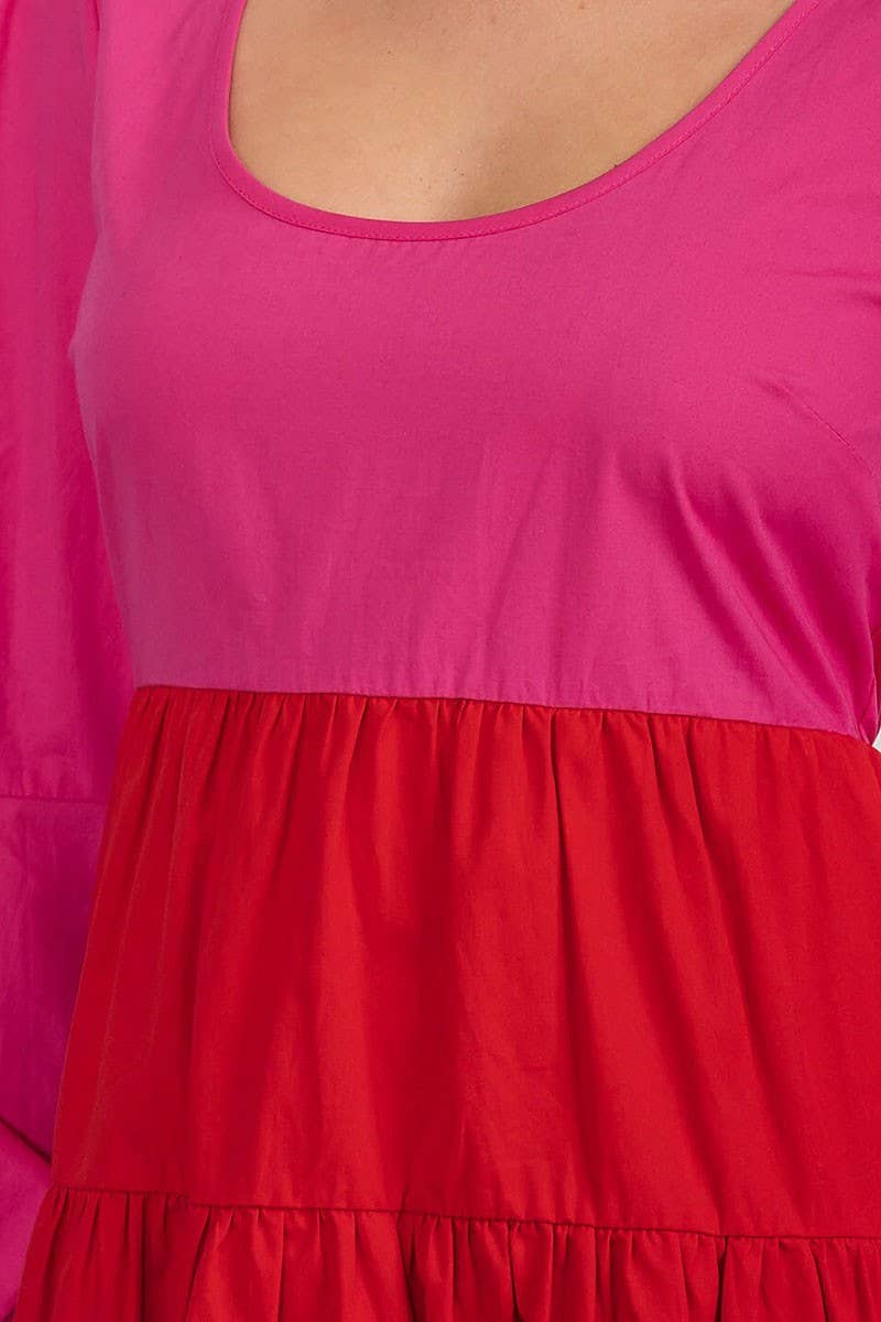 Color Block bubble Sleeve Tiered Layered Dress