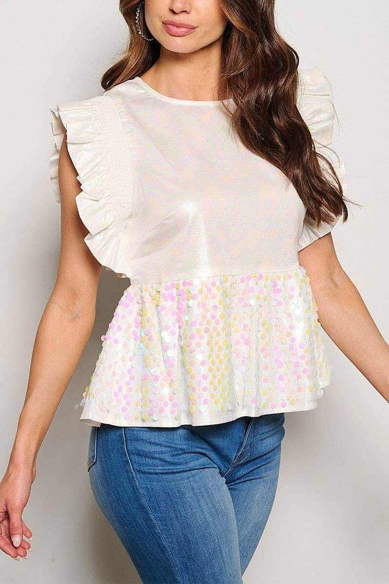 White Ruffle Sleeve Shimmer Sequin Peplum Blouse Top