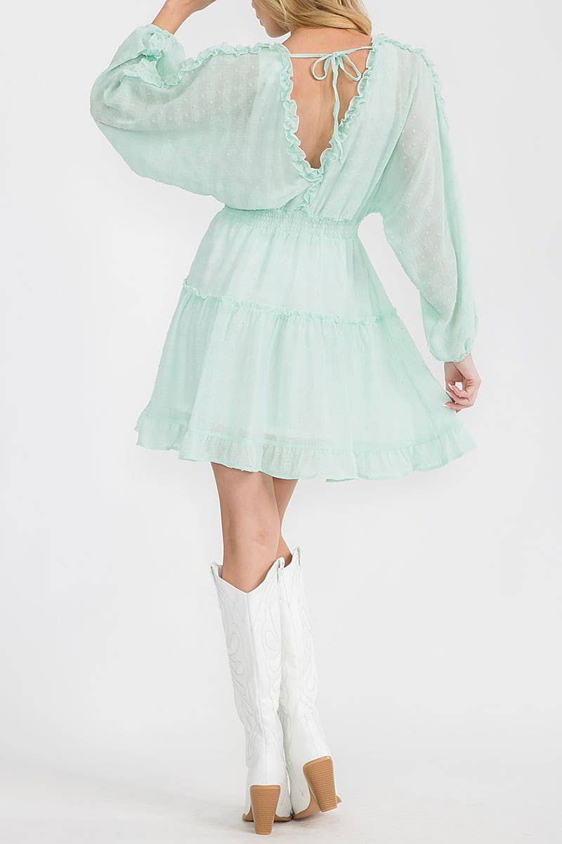 Mint Long Sleeve Swiss Dot Ruffle Frill Detail Smocked Waist Mini Dress