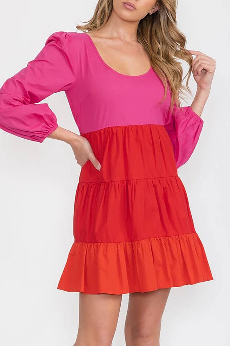 Color Block bubble Sleeve Tiered Layered Dress