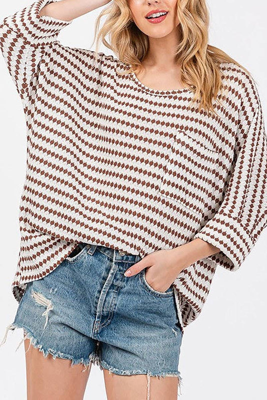 Brown & White Striped 3/4 Sleeve Front Patch Pocket Oversized Knit Top