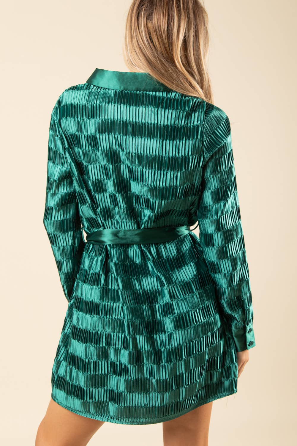 Green Shiny Satin Pleated Holiday Party Shirt Mini Dress