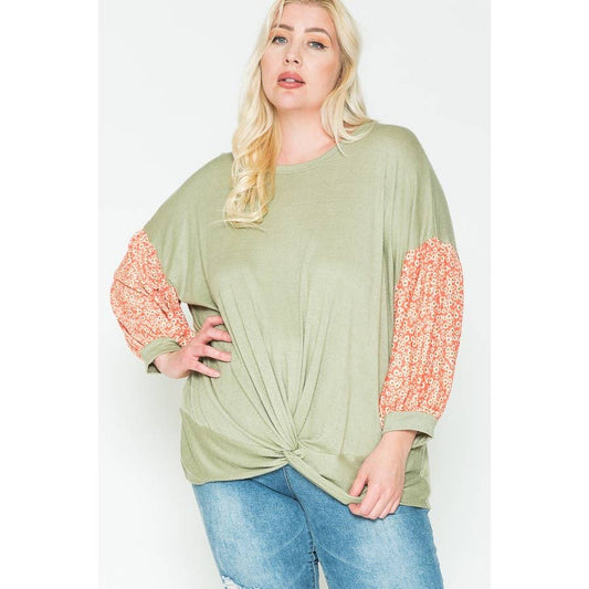 Plus Size Floral & Solid Color Blocked Top