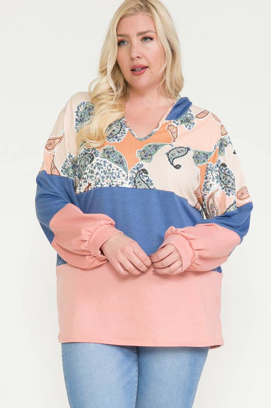 Plus Size Paisley & Solid Hoodie Top