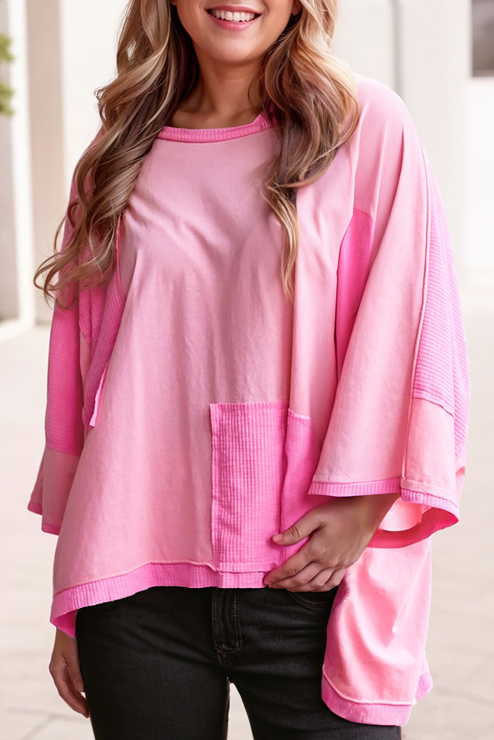 Plus Size Oversized Patchwork 3/4 Sleeve Top