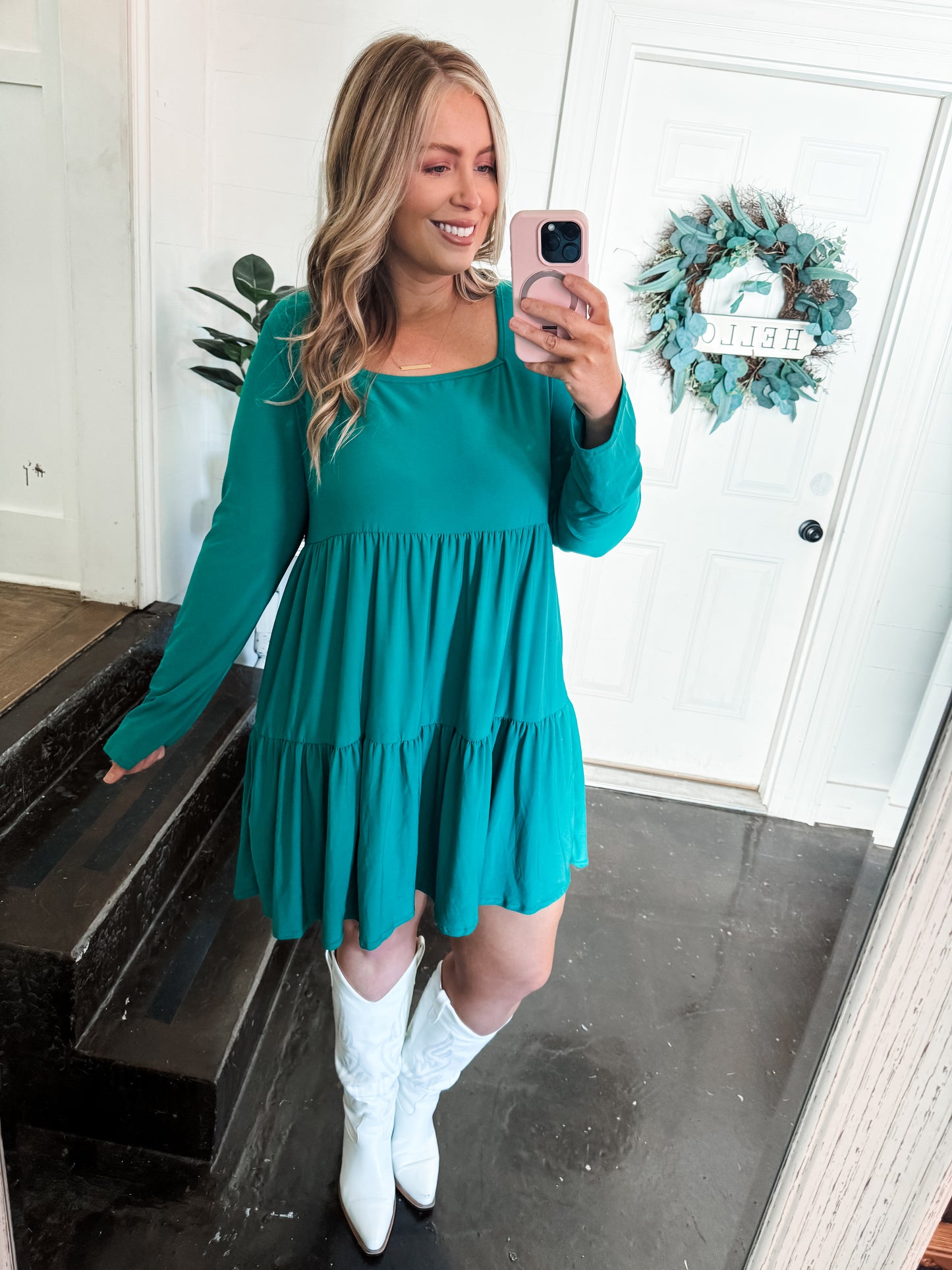 PLUS Emerald Green Long Sleeve Square Neck Tiered Mini Dress