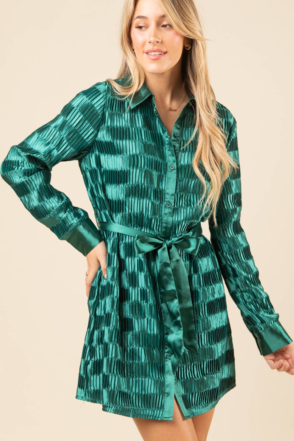 Green Shiny Satin Pleated Holiday Party Shirt Mini Dress