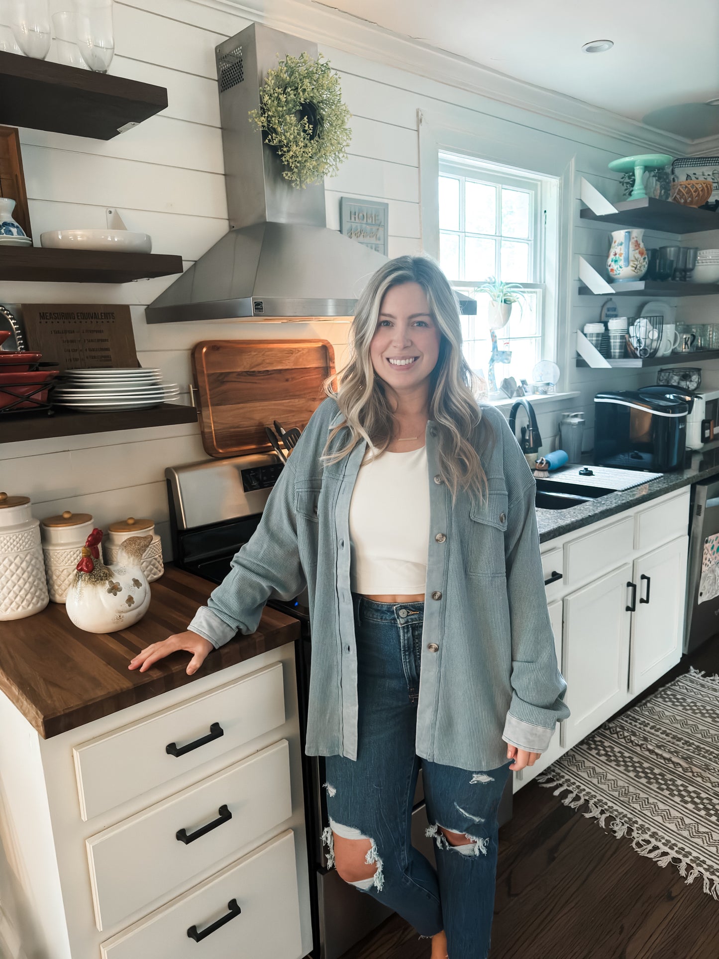 Oversized Long Sleeve Blue Ribbed Button Up Top