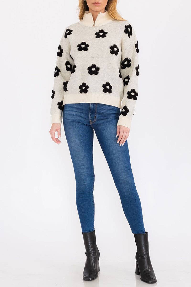 Turtleneck Pullover Floral Print Sweater