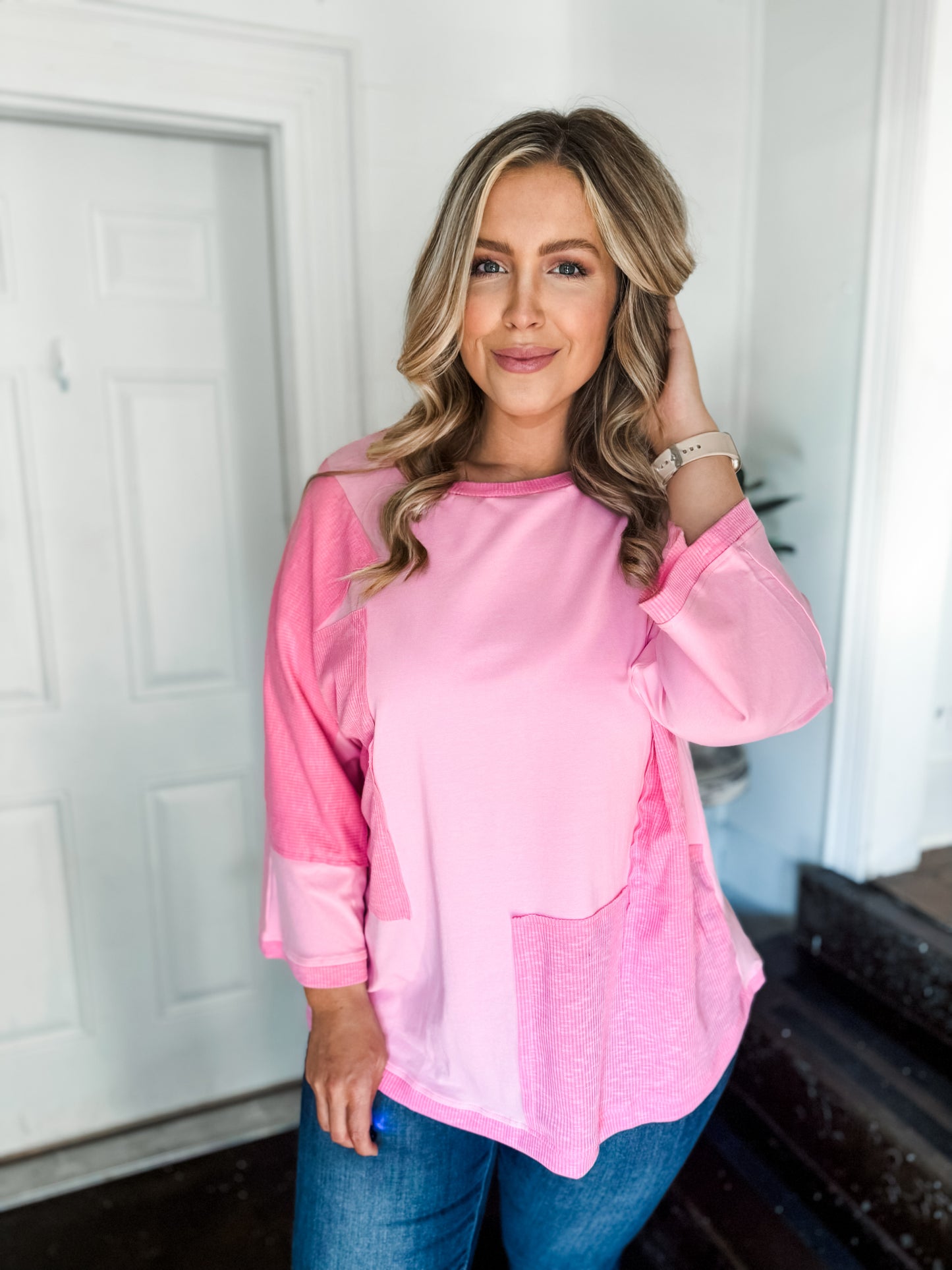 Plus Size Oversized Patchwork 3/4 Sleeve Top