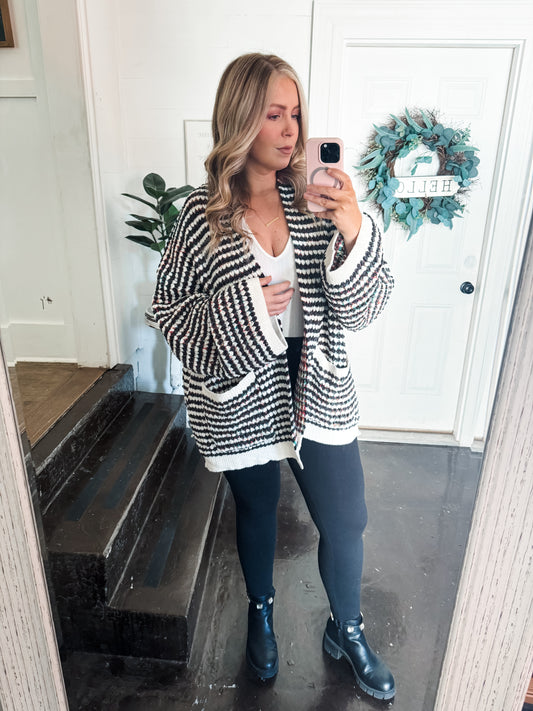 PLUS Chenille Black and White Striped Cardigan with Multi Color Detail