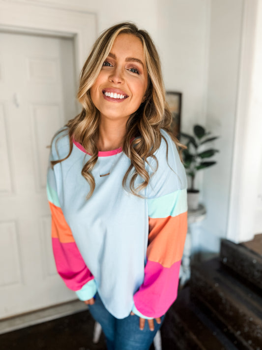 Blue and Pink Color Block Round Neck Long Sleeve Top (S-2XL)