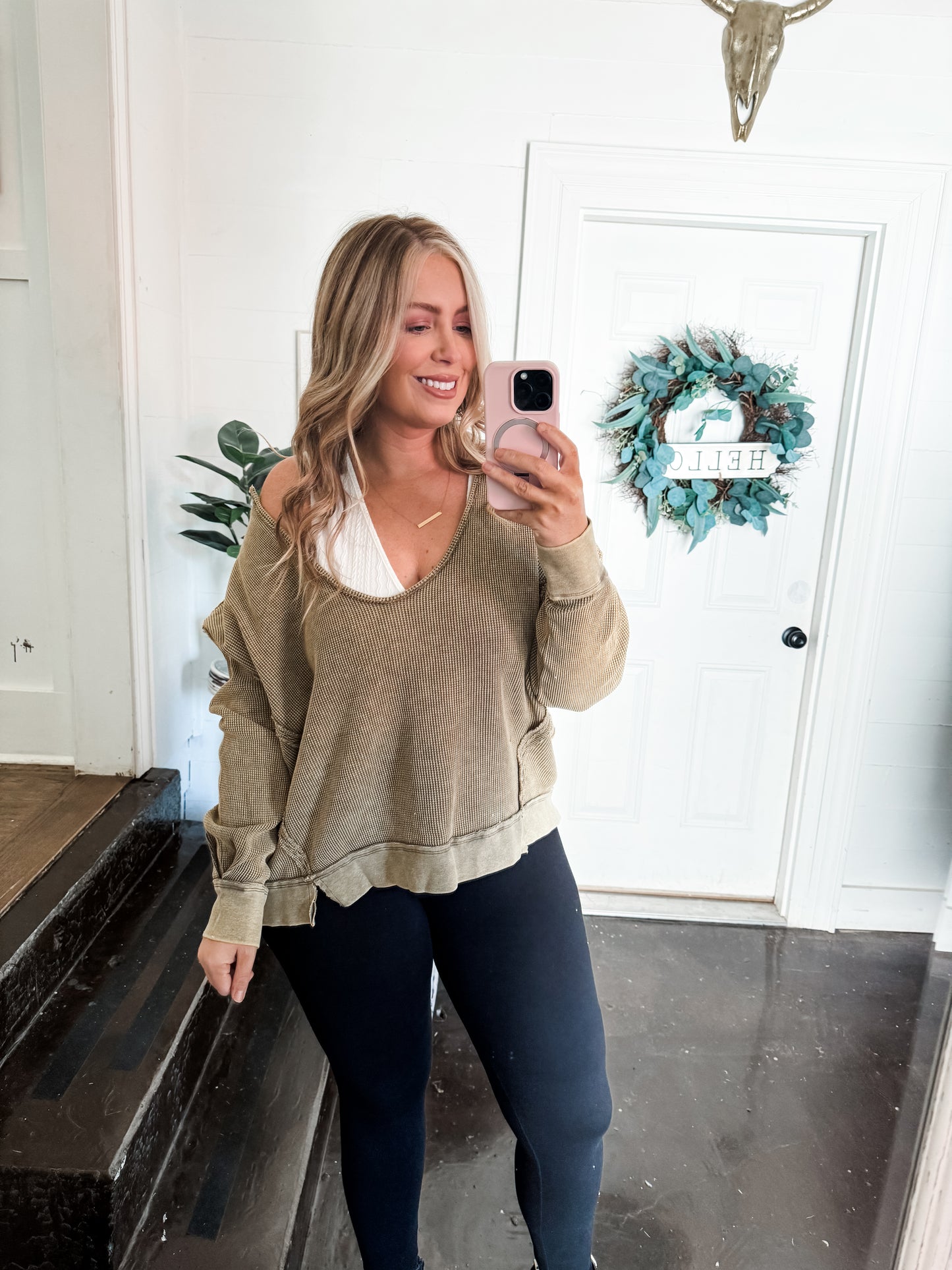 Olive Oversized V Neck Boxy Waffle Knit Top